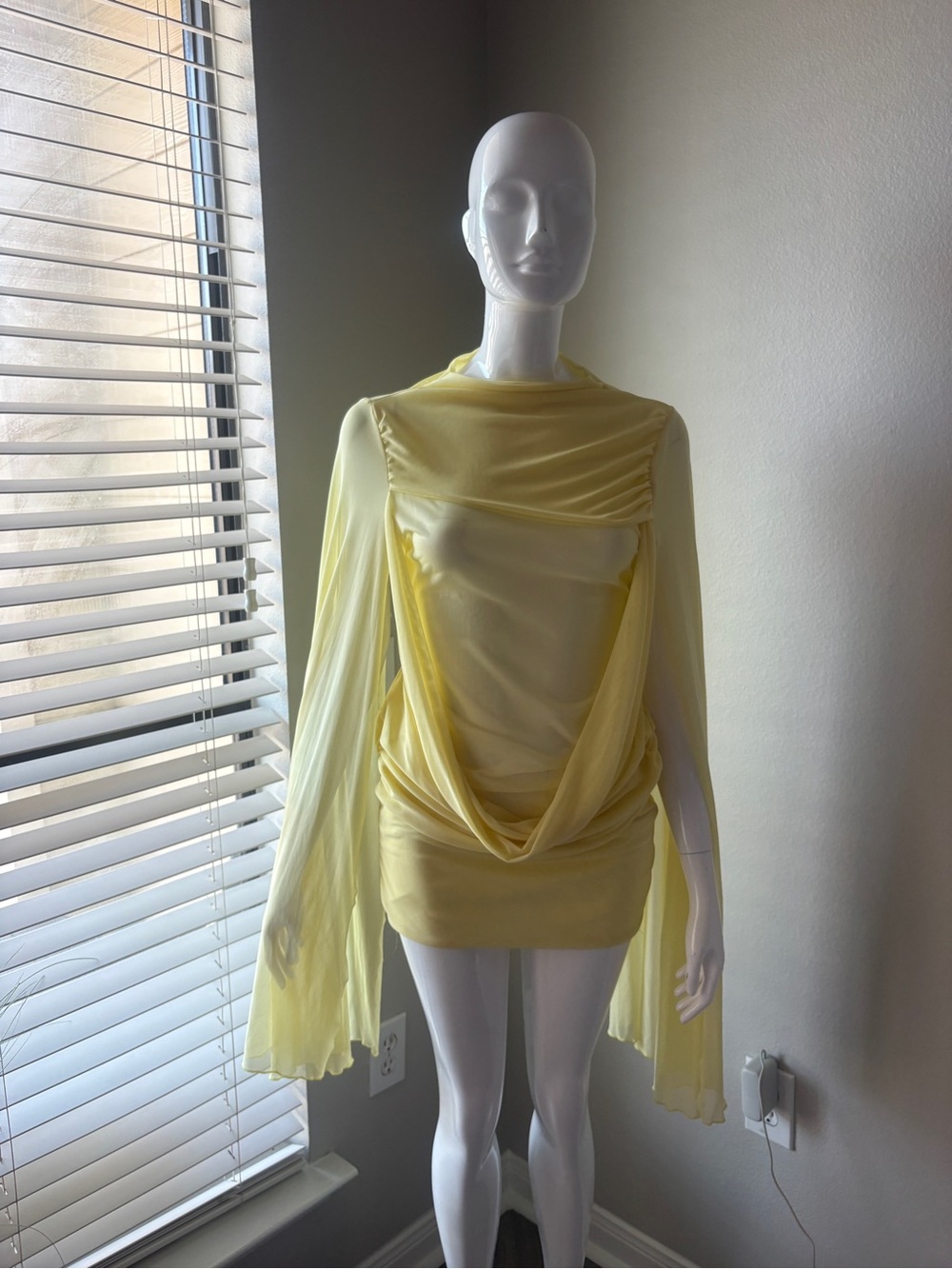Sheer Draped Yellow Mini Dress
